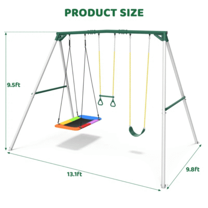 9.5′ Heavy Duty Metal Swing Set with Belt Swing, Trapeze Bar